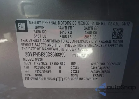 2012 Cadillac Srx Performance Collection z USA, uszkodzony, nr VIN 3GYFNBE30CS603399